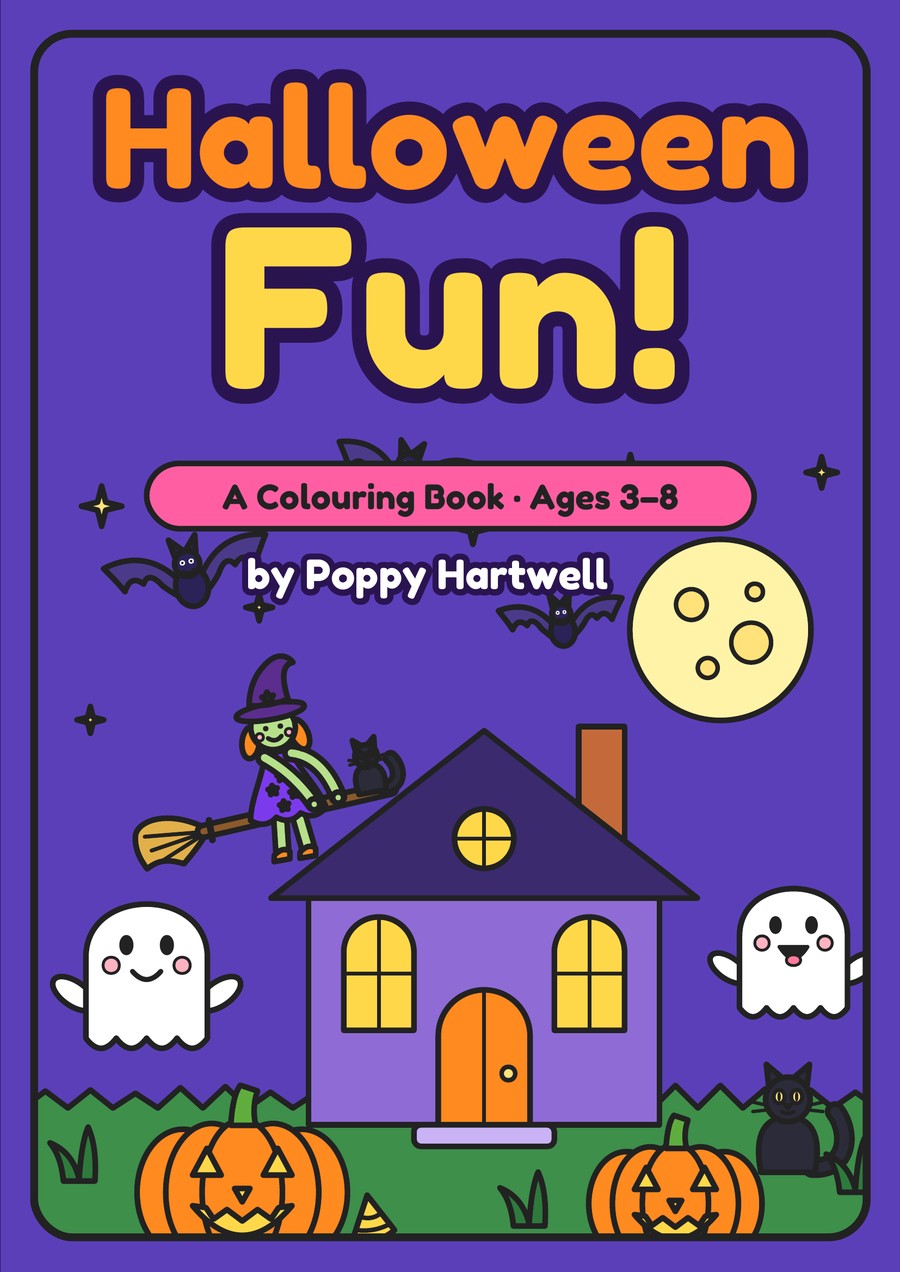 Cover of the colouring book Halloween Fun! by Poppy Hartwell, with a witch on a broom, a haunted house, ghosts and pumpkins