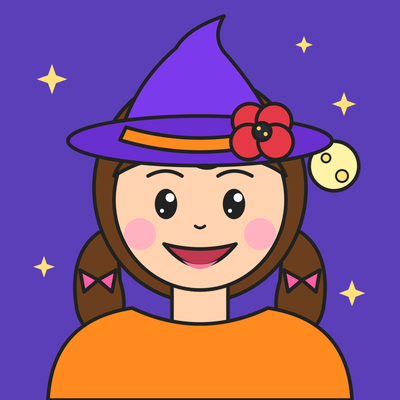 Cartoon portrait of Poppy Hartwell in a purple witch hat with a red poppy flower