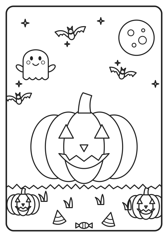 Colouring page: a big smiling jack-o'-lantern pumpkin