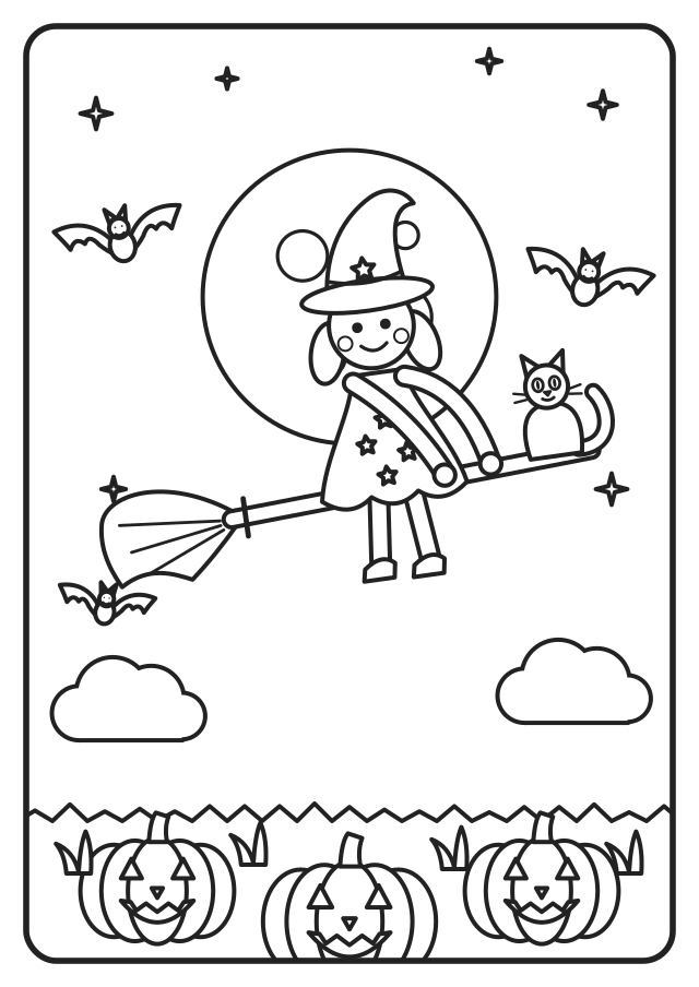Colouring page: a witch and her cat flying on a broom past the moon