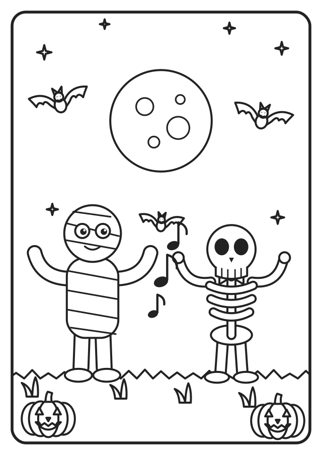 Colouring page: a dancing mummy and skeleton